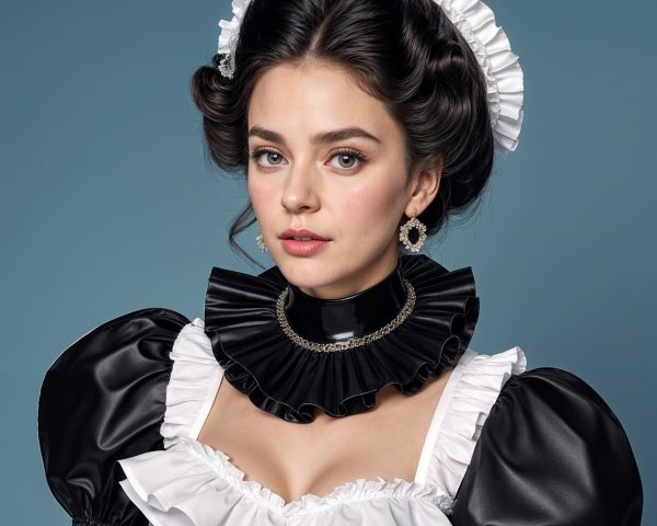 Young woman in leather bodice and puffy sleeves outfit