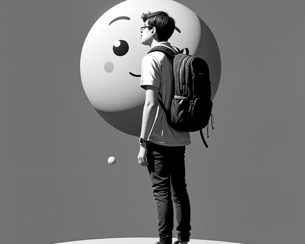 Boy on Platform with Cartoonish Face Above Him