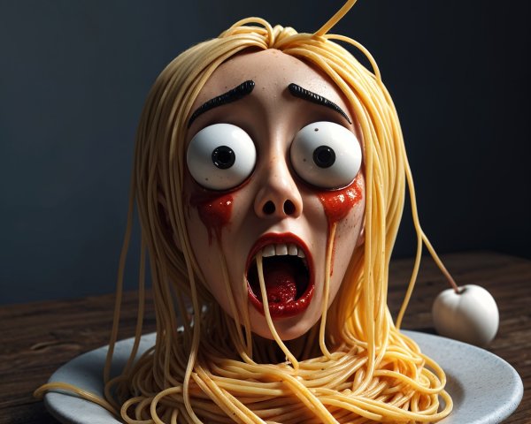 Surreal sculpture of a head with spaghetti hair and blood