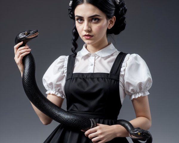 Young woman in black dress with snake on dark background