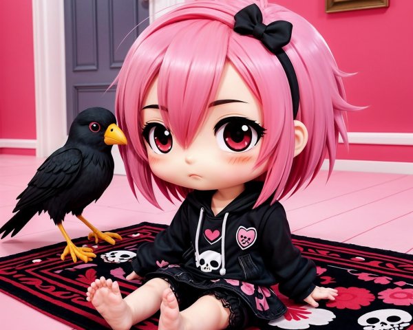 Chibi Character in Pastel Room with Black Bird