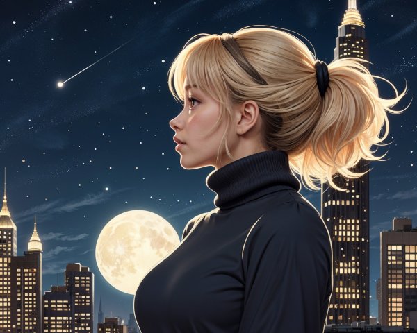 Young Woman Gazing at Moonlit City Skyline