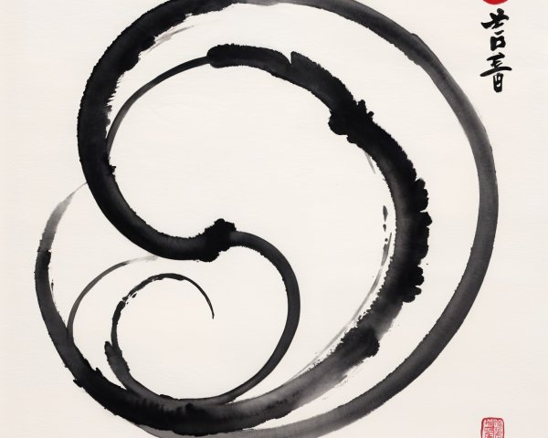 Minimalist Artwork with Black Brushstroke and Red Circle