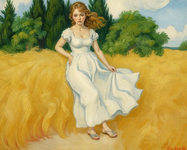 Young woman in white dress in golden wheat field