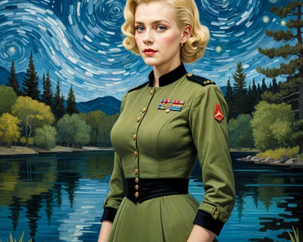 Woman in military dress by serene lake at night