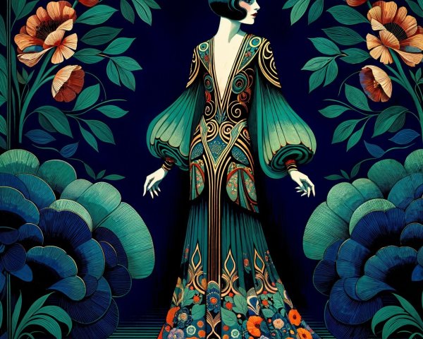 Stylized figure in floral gown with bold blooms backdrop