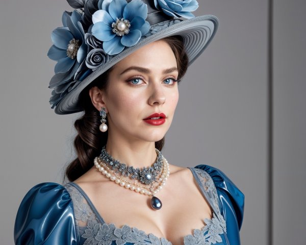 Elegant woman in blue gown with floral hat and pearls