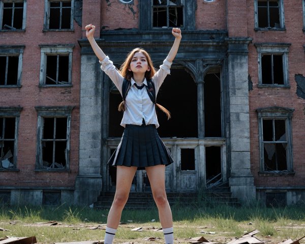 Young girl in uniform poses defiantly by decay