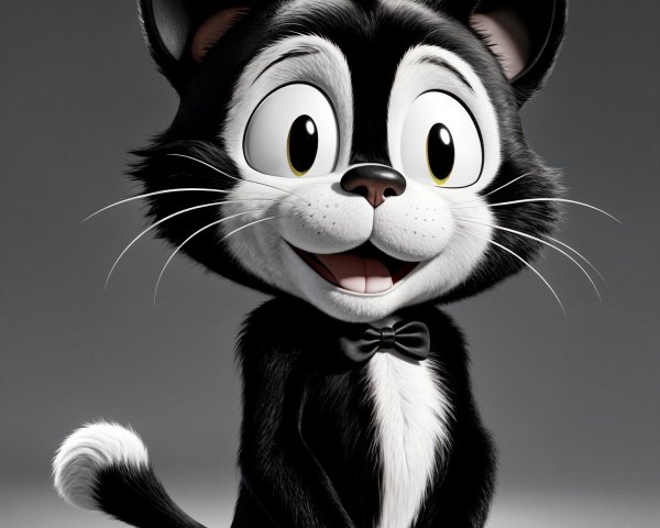 Cheerful Cartoon Black and White Cat Character Description