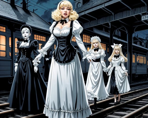 Elegant Women in Gothic Train Station Setting