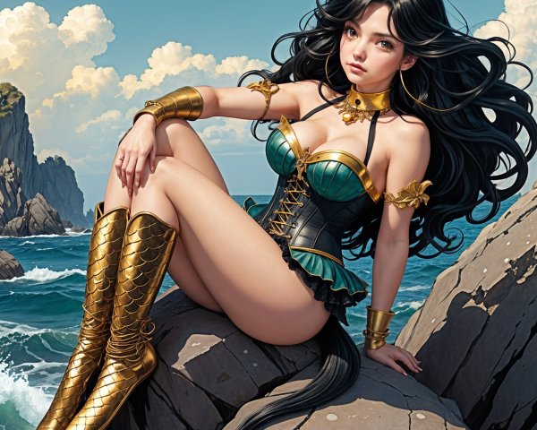 Fantastical Character on Rocky Coastline with Waves
