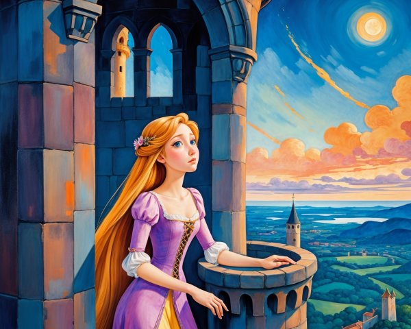 Young Woman in Lavender Gown at Castle Tower Balcony