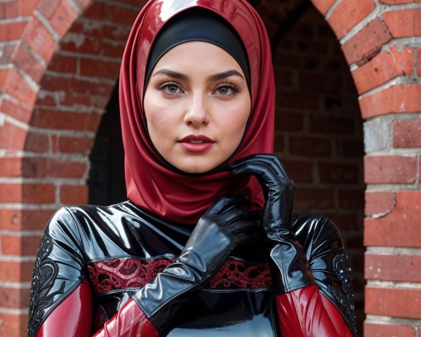 Confident Woman in Red and Black Outfit by Archway
