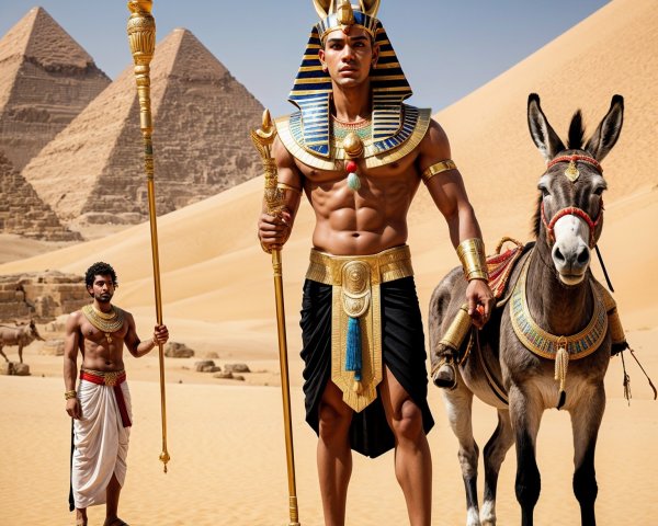 Pharaoh in Golden Regalia with Donkey and Pyramids