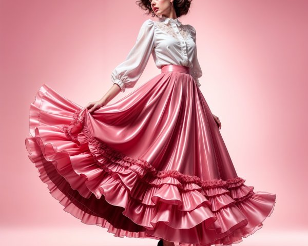 Model in Pink Ruffled Skirt and Vintage Blouse