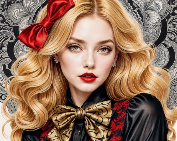 Glamorous Young Woman with Red Bow and Floral Blouse