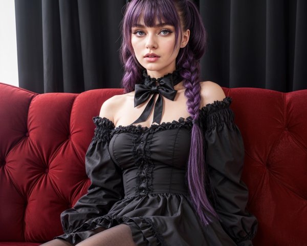 Young Woman in Braided Purple Hair on Velvet Couch