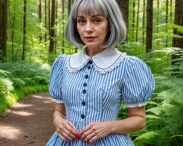 Woman in Vintage Dress on Forest Pathway