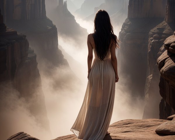 Woman in Sheer Dress at Misty Canyon Edge