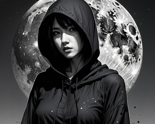 Black-and-White Portrait of Woman with Full Moon Background