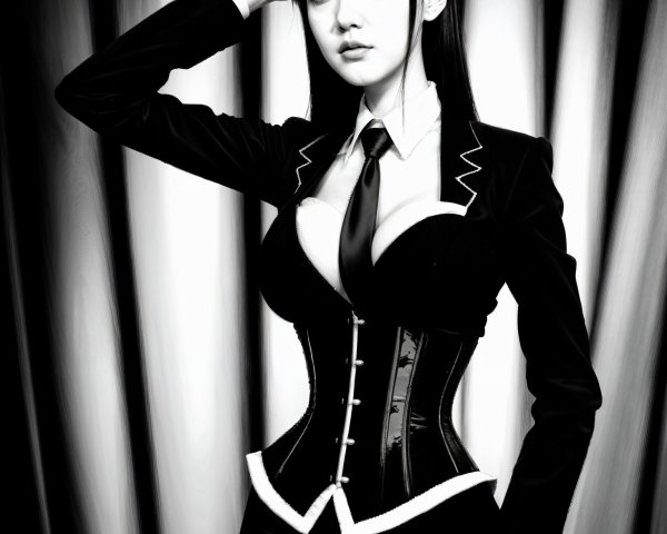 Elegant Woman in Tailored Suit with Dramatic Fabric