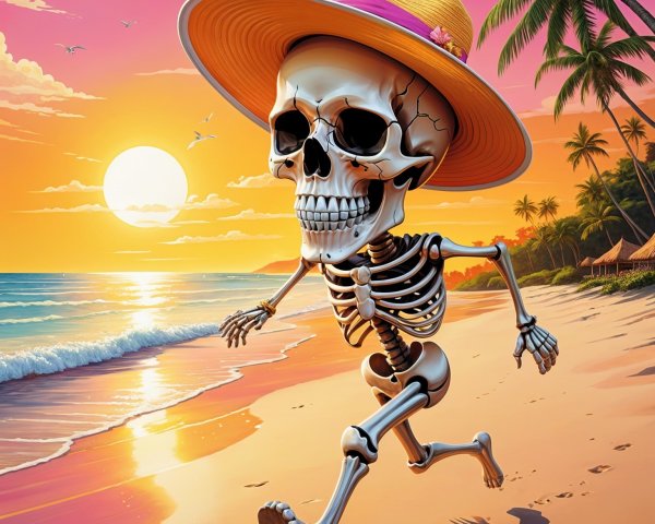 Playful Skeleton Jogging on Sunset Beach