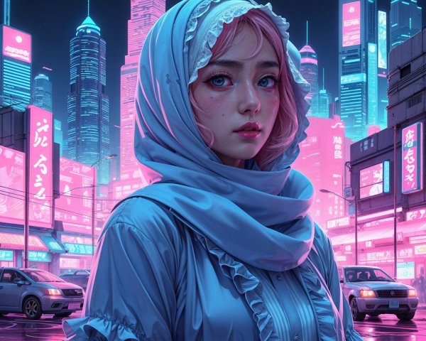 Young Woman in Vibrant Futuristic Cityscape