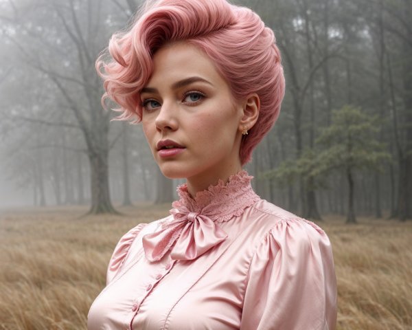Young woman in misty forest with pink hair and blouse