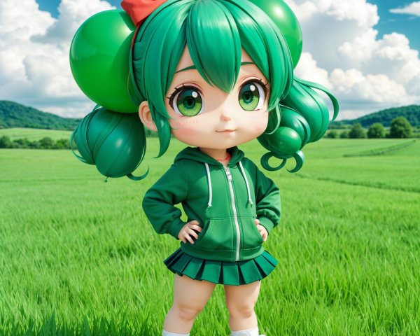 Chibi Character in Green Outfit with Playful Pose