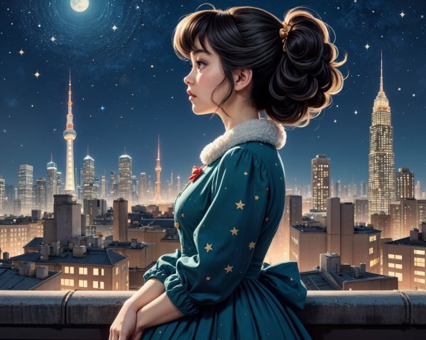 Young Woman in Teal Dress Overlooks Starry City Skyline