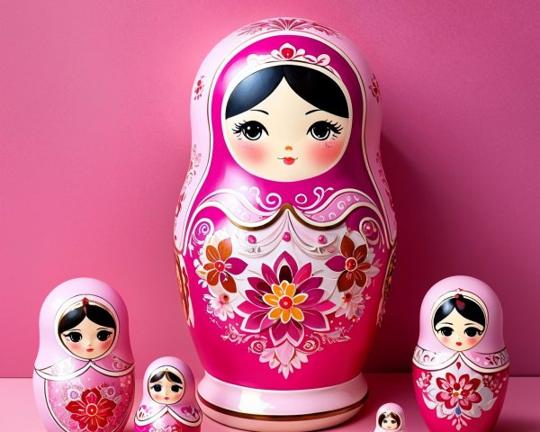 Colorful Russian Nesting Dolls on Pink Background
