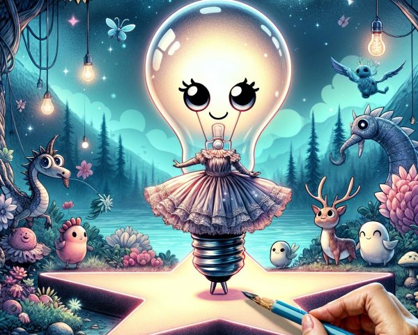 Whimsical Light Bulb Character in Enchanting Landscape