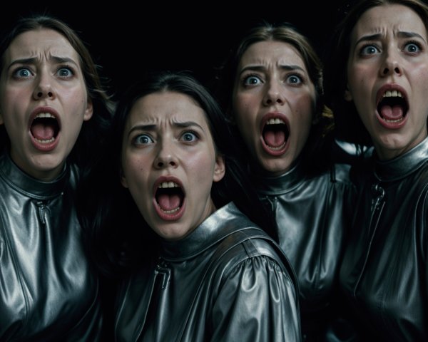 Four Women in Silver Garments Expressing Intense Emotion
