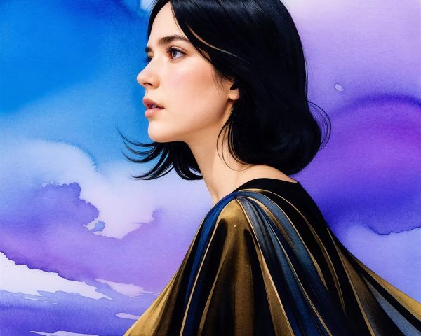 Profile of a Woman with Black Hair Against Watercolor Sky