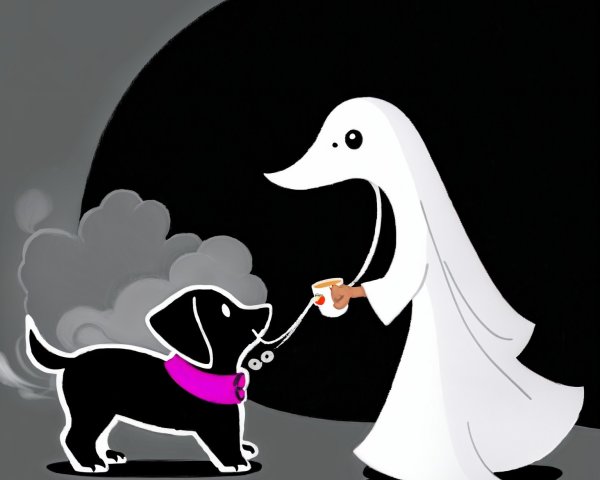 Friendly ghost and playful dog in whimsical scene