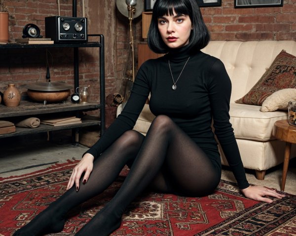 Woman in Black Dress on Vintage Rug in Cozy Room