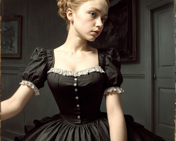 Elegant young woman in vintage black gown with decor