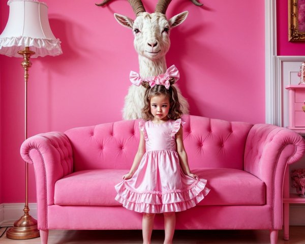 Whimsical Pink Room with Girl and Goat Decoration