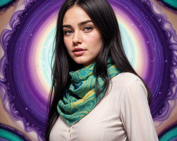 Young Woman Posing Against Vibrant Abstract Background