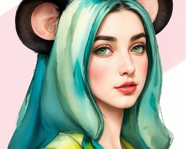 Whimsical Portrait of a Young Woman with Teal Hair
