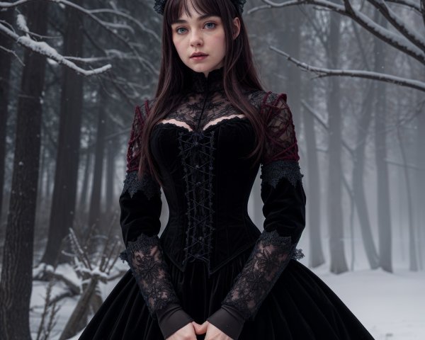Young Woman in Black Victorian Dress in Snowy Forest