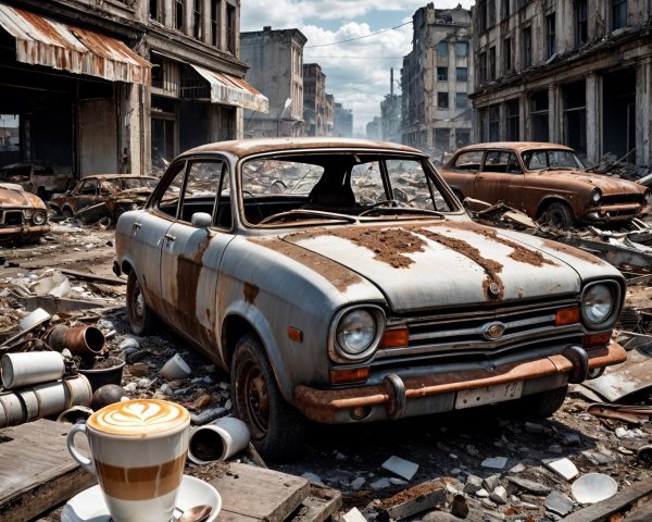 Dilapidated Urban Area with Abandoned Cars and Latte