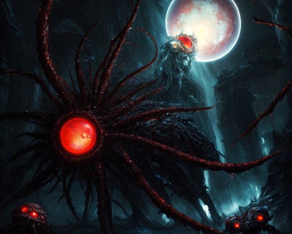 Grotesque Tentacled Creatures in Dark Landscape