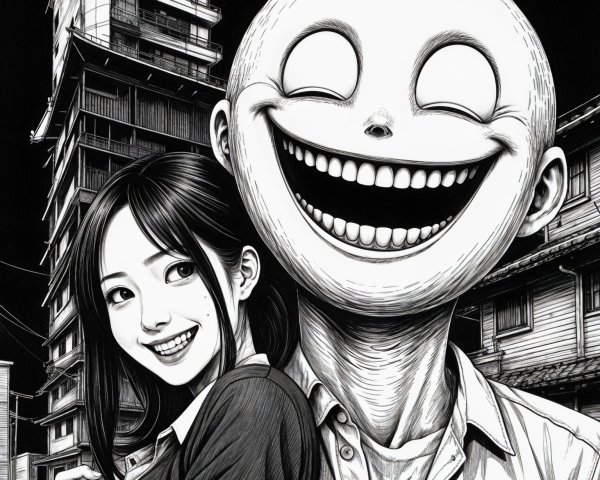 Black and white illustration of a woman and figure