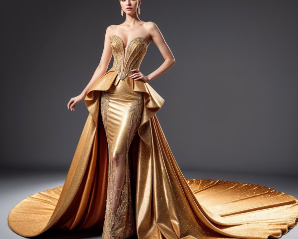 Intricate Gold Gown with Dramatic Train and Embellishments