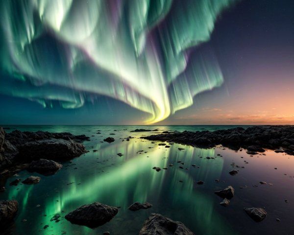 Aurora Borealis Over Calm Sea and Jagged Rocks