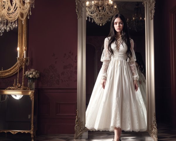 Elegant Woman in Vintage Dress in Luxurious Room