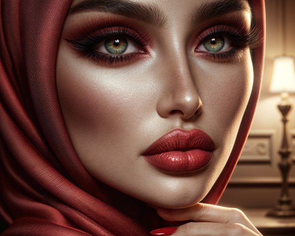 Close-up of a woman in a red hijab with bold makeup