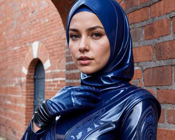 Confident Woman in Glossy Blue Outfit by Brick Wall