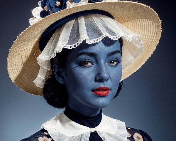Portrait of a Woman with Blue Skin and Floral Hat